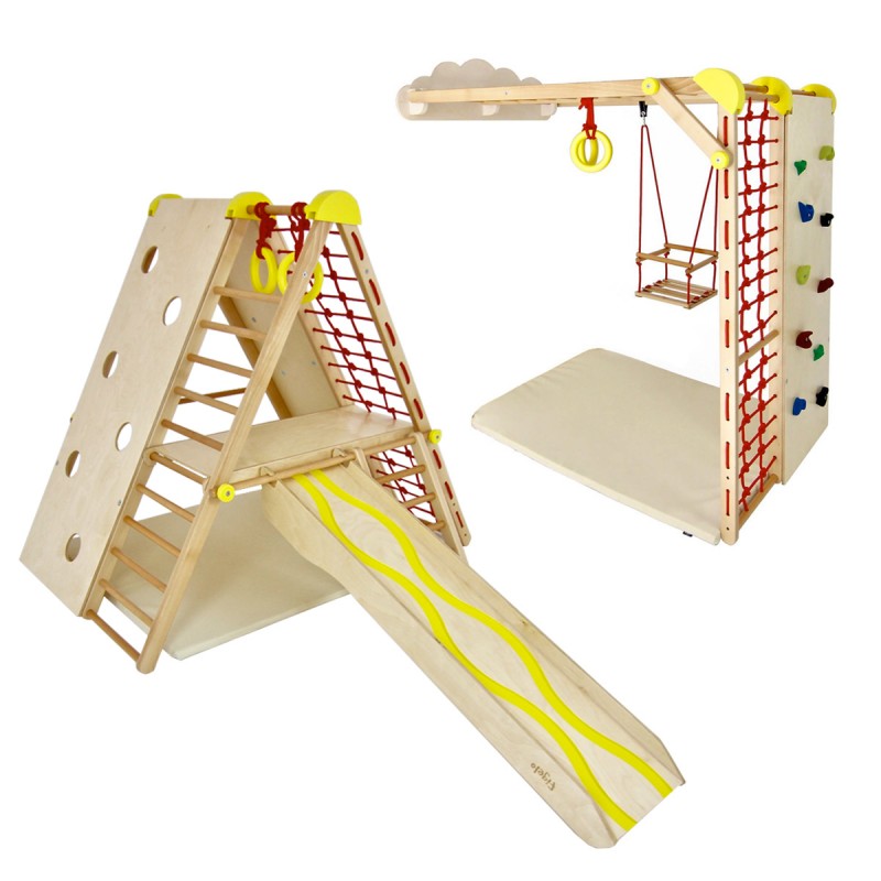 MAX Aire de jeux intérieur en bois pour enfants modulable avec toboggan, murs d'escalade et balançoire